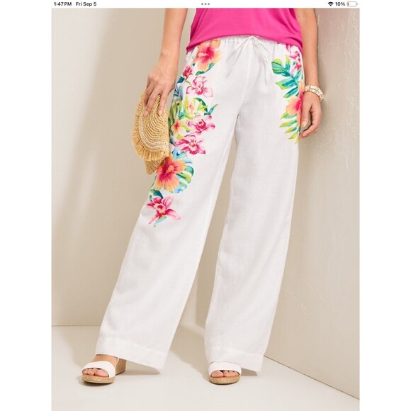 Tommy Bahama Pants - TOMMY BAHAMA White Tropical-Flore Two Palms Linen  Wide Leg Beach Pants XS
